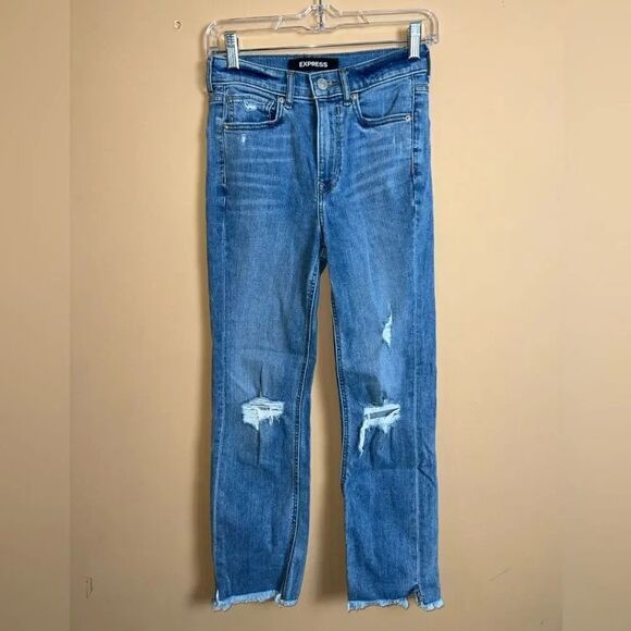 Express Distressed Fringed Hem Straight Leg High Rise Denim Jeans Size 00S - Picture 1 of 10